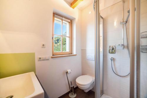 Feldhof Apartment Apfeloase في Caines: حمام مع دش ومرحاض ومغسلة