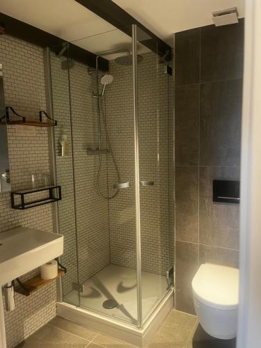 a shower with a glass door in a bathroom at Berghotel Pöhlberg in Annaberg-Buchholz