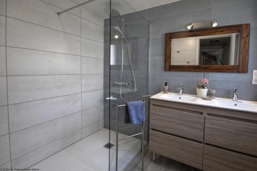 a bathroom with a shower and a sink at La Maison de Fernande in Gourgeon