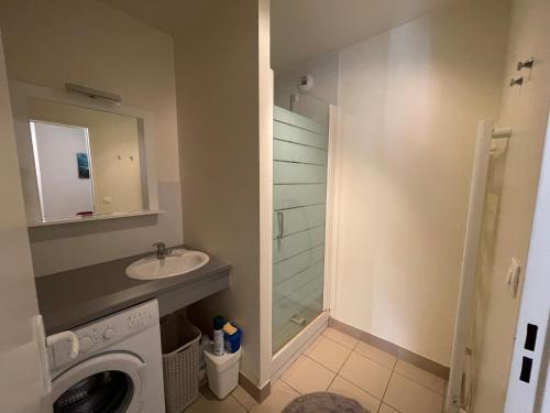 une salle de bain avec une machine à laver et un lavabo dans l'établissement Les Tourterelles, à Mimizan