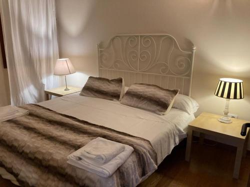 Apartamento un dormitorio Los Altos de Escarrilla, FORMIGAL-PANTICOSA في إسكارييا: غرفة نوم بسرير كبير مع طاولتين ومصباحين