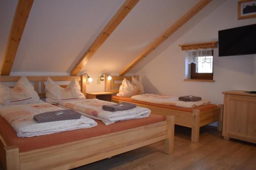 a bedroom with two beds in a attic at Penzion U Jelena in Železná Ruda