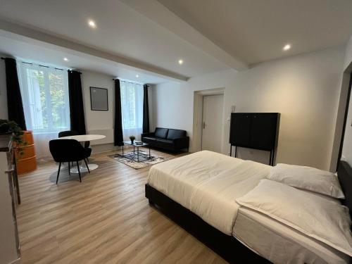 1 dormitorio con 1 cama, TV y mesa en ELEGANT PIERRE FABRE-T1-Wifi-Vélo, en Castelnaudary