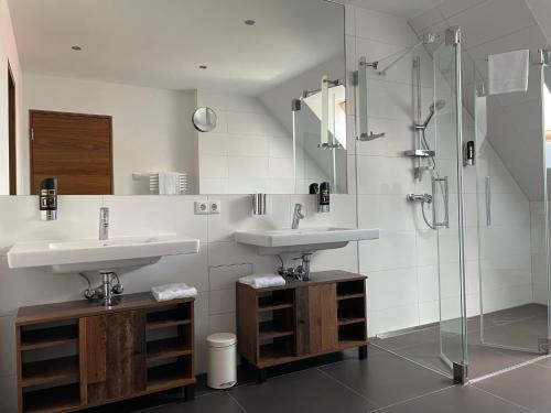 a bathroom with two sinks and a shower at Modernes Apartment An der Frauenkirche II in Dresden