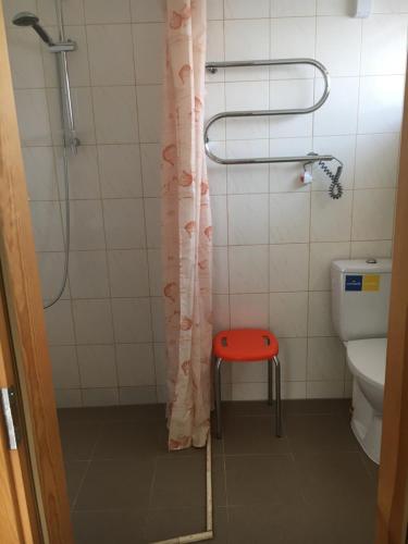 a bathroom with a shower and a red stool at ATOSTOGAUTI GERA in Palanga