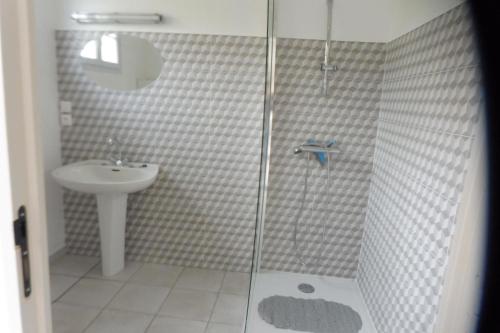 a bathroom with a shower and a sink at Maison Saint-Coulomb in Saint-Coulomb