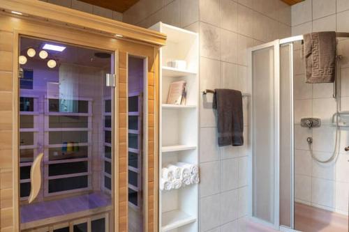 La salle de bains est pourvue d'une douche et d'une porte en verre. dans l'établissement Vanek Apartment, à Mauthen