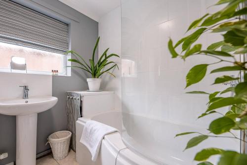 ein Badezimmer mit einer weißen Badewanne, einem Waschbecken und einer Pflanze in der Unterkunft Coachman's Cottage, Wrentham in Beccles