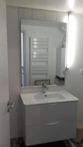 une salle de bain blanche avec un lavabo et un miroir dans l'établissement Le Petit Bé, à Saint-Malo