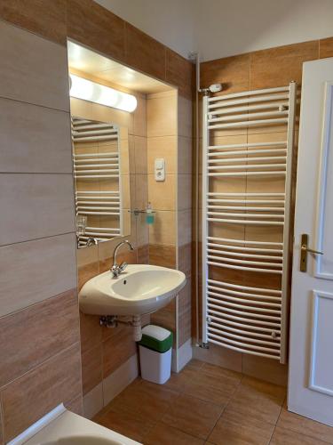 uma casa de banho com um lavatório e um espelho em Vaskapu Fogadó em Vasvár