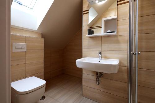 a bathroom with a toilet and a sink at Apartmány Tatra in Jáchymov