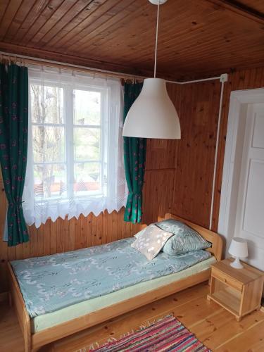 a bed in a room with a window at Chatka na Roztoczu in Bondyrz