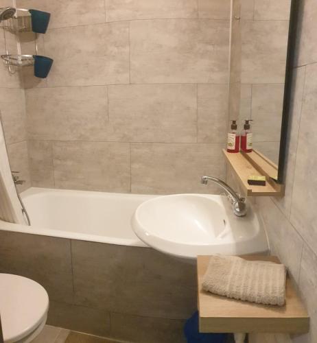 une salle de bain avec un lavabo, une baignoire et des toilettes dans l'établissement FACE MER ENTRE PLAGE ET MARINA, à Bormes-les-Mimosas