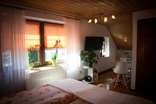 1 dormitorio con cama y ventana en Gästezimmer im Grünen Haus en Thum