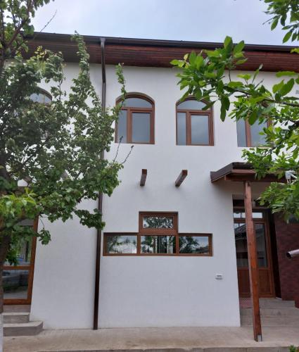 a white house with windows and trees at Agropensiunea Olteanu in Niculiţel