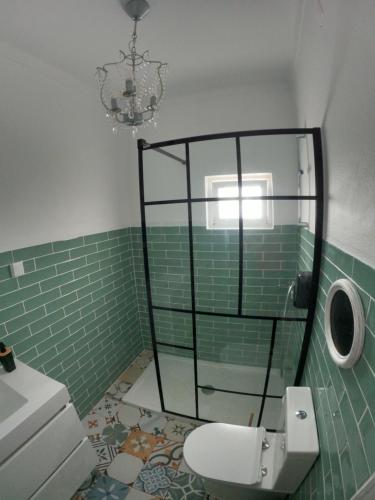 a bathroom with a toilet and a chandelier at Carlo's Beach Guest House in Praia de Odeceixe