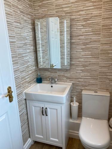 a bathroom with a sink and a toilet and a mirror at Chester House Guest House in Chester
