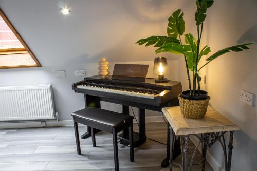 un piano en una habitación con una maceta en The Loft at Utopia Penthouse by M-GroupSA en Swansea