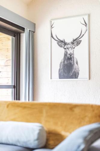 a picture of a deer hanging on a wall at La Cabane du Cerf à Payolle in Campan