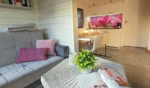 een woonkamer met een bank en een tafel bij Balfala domki nad morzem in Ostrowo