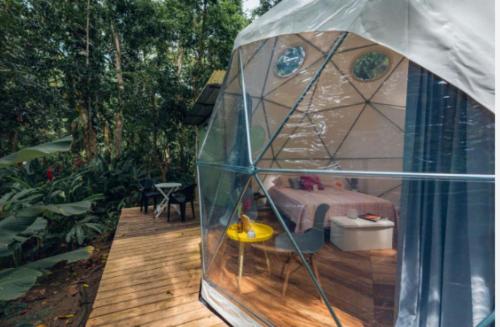an outdoor area with a fruit stand and a window at Faith Glamping Dome Costa Rica in Manzanillo