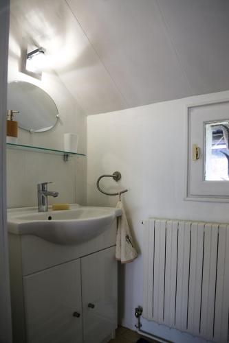 une salle de bain avec un lavabo blanc et un miroir dans l'établissement Le relais d'Eugénie Maison d'hôtes en forêt d'Orléans, à Courcy-aux-Loges