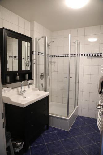 a bathroom with a sink and a shower at Studio im Loft in Oberstdorf