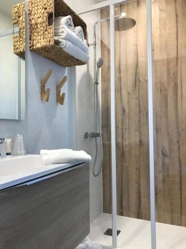 une salle de bain avec douche et lavabo dans l'établissement Hotel du Porge, à Le Porge