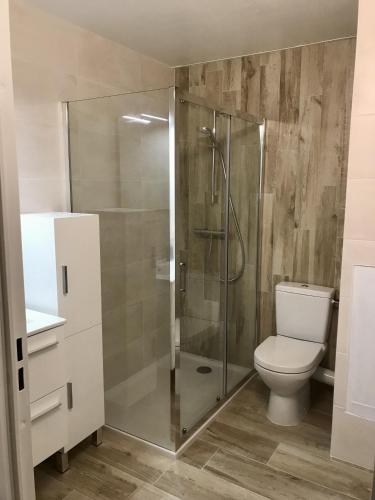 une salle de bain avec toilettes et douche en verre dans l'établissement Rez-de-terrasse face mer pour 4 personnes, à Pornic