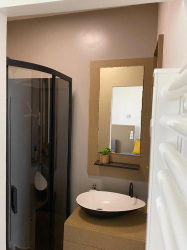une salle de bain avec un lavabo et un miroir dans l'établissement Le Jardin du saumon, à Angé