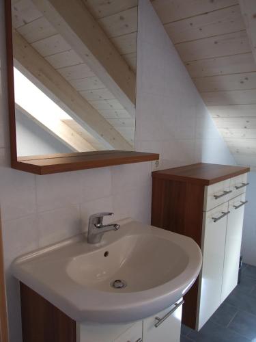 a bathroom with a sink and a skylight at Tauberhof Apartments in Bressanone