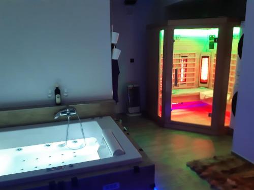 a bathroom with a bath tub with a mirror and a door at Růžičkův dvůr in Hranice