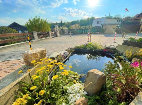 a garden with flowers and a pond in a courtyard at MAXOVO KRÁLOVSTVÍ in Rovensko pod Troskami