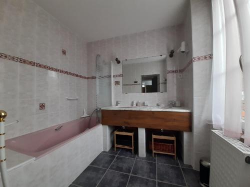 ein Badezimmer mit einer rosa Badewanne, einem Waschbecken und einem Badetubermott in der Unterkunft La maison de Maria in Saint-Beauzire