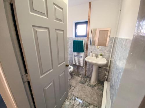 La salle de bains est pourvue d'une porte, d'un lavabo et de toilettes. dans l'établissement Cabana Rejabu, à Tauţ