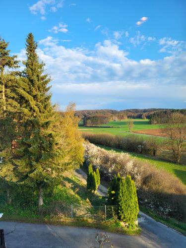 an aerial view of a road with trees and a field at Pension am Wald in Gößweinstein