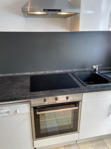 a kitchen with a sink and a stove at Apartment Factory in Hamburg