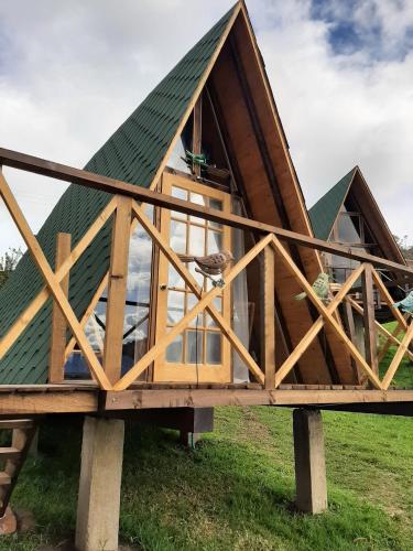a frame house with a green roof and glass windows at Animals Glamping in Guasca