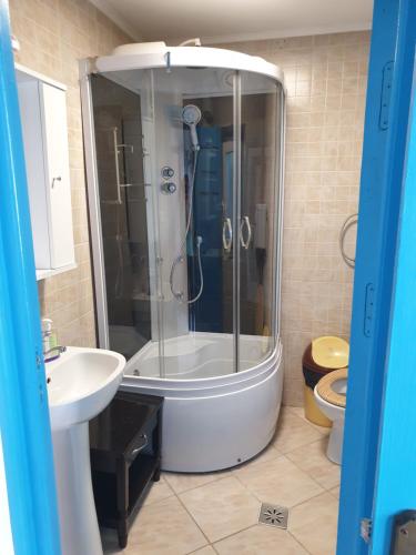a bathroom with a shower and a sink at Casa Anica in Sulina