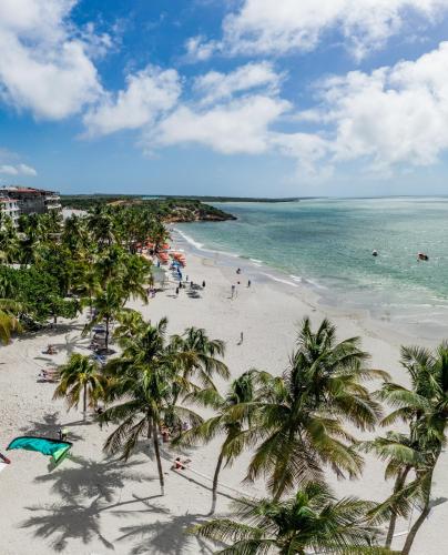 a beach with palm trees and people in the water at Hotel California Playa El Yaque in El Yaque