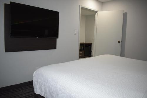 a bedroom with a bed and a flat screen tv at Days Inn by Wyndham Kingston in Kingston