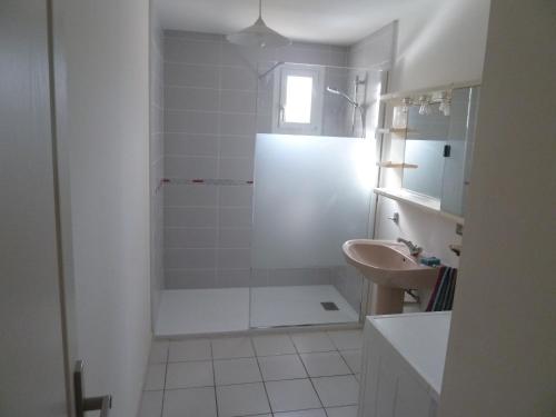 une salle de bain avec douche et lavabo dans l'établissement Plage et tranquilité, à Saint-Brévin-les-Pins