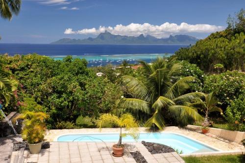 a swimming pool with a view of the ocean at Appartement Villa Taina piscine in Punaauia