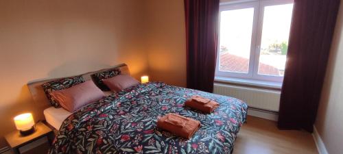 een slaapkamer met een bed met kussens en een raam bij Kind -& diervriendelijk huisje in De Panne