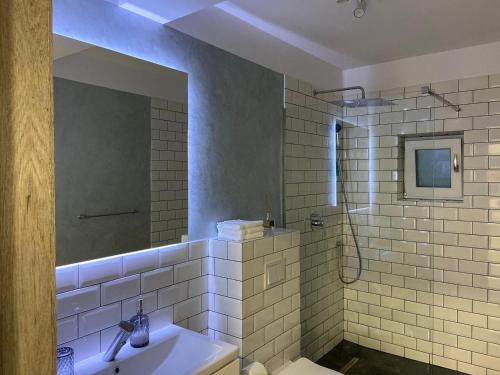 uma casa de banho com um lavatório e um chuveiro com um espelho. em Lora Studio em Suceava