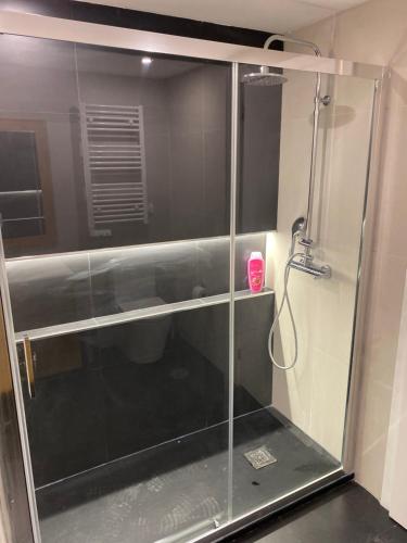 een douche met een glazen deur in de badkamer bij Altamira NB in Estarreja