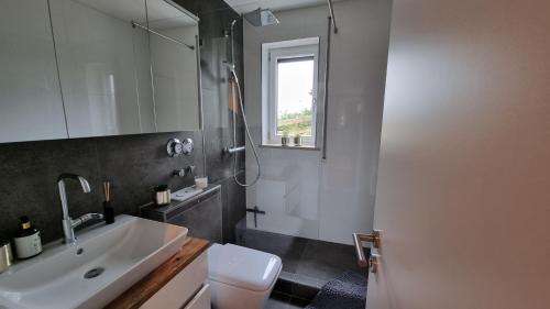 baño con lavabo y aseo y ventana en FeWo AllgäuPhorie, Oberreute en Oberreute