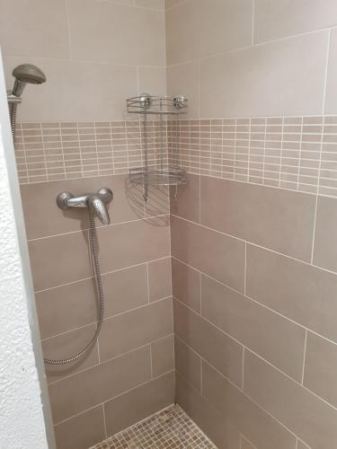 a shower with a shower head in a bathroom at Cap Esterel face à la mer Agay St Raphael in Drammont