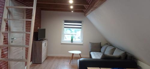 a living room with a couch and a window at Domek na Mazurach Apartamenty nad jeziorem Warpuny in Warpuny