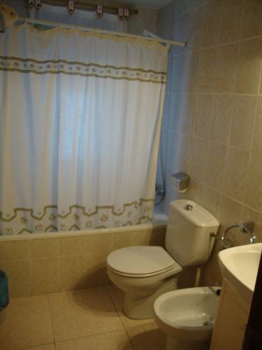 a bathroom with a white toilet and a sink at Hostal El Vegano in Utiel